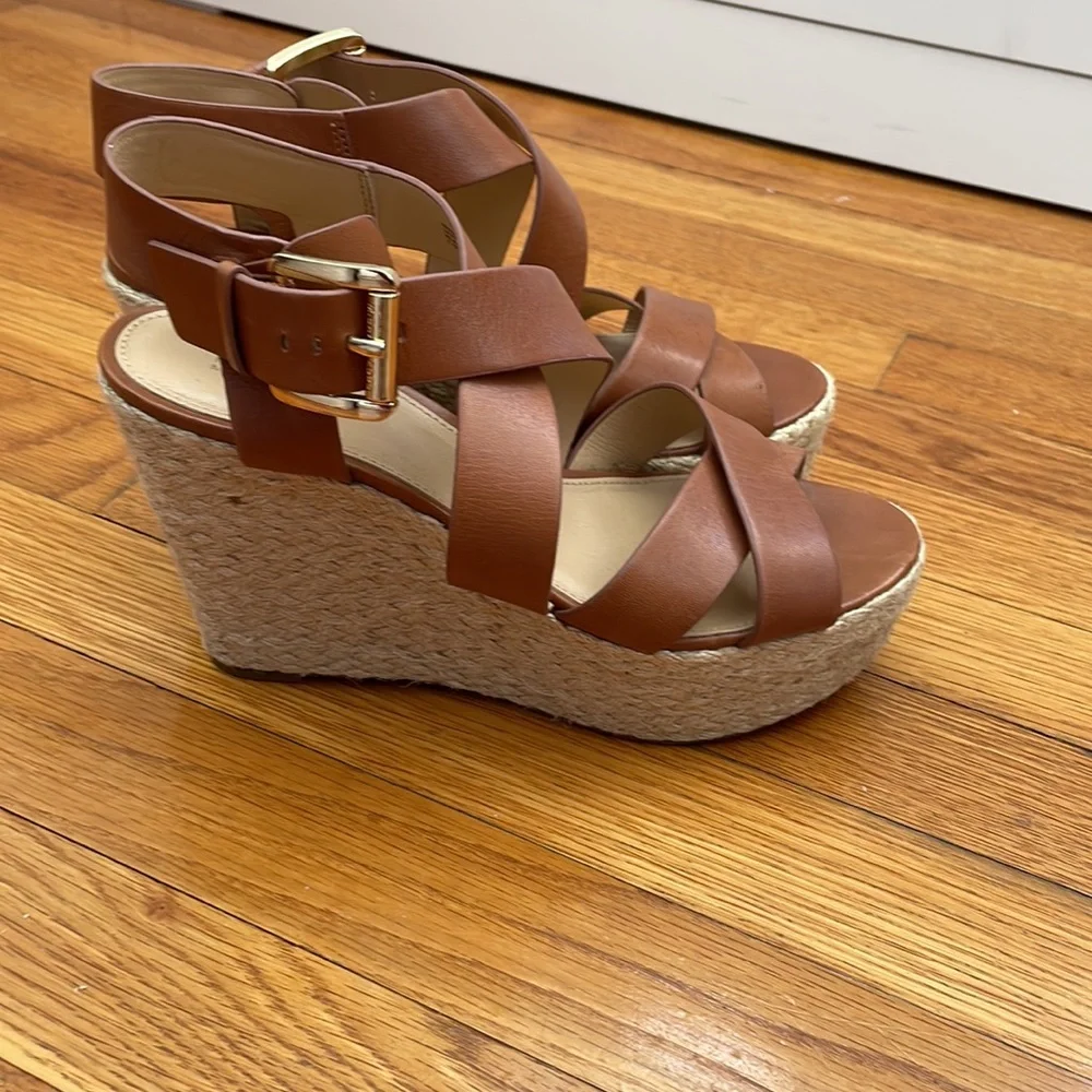 Michael Kors Brown Leather Crisscross Wedge Sandals size 7.5